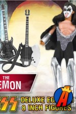 A packaged sample of this fully articulated 8-inch KISS The Demon Deluxe variant action figure with removable cloth uniform.