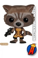 Funko Pop! Marvel 2014 San Diego Comicon Rocket Raccoon variant flocked figure.