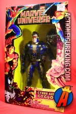 Marvel-Universe-10-inch Cyber Armor Cyclops is a mash-up of a Cyclops head on an Iron Man body with a Weapon X harness and helmet.