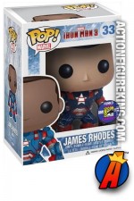 A packaged sample of this Funko Pop! Marvel James Rhodes vinyl bobblehead figure.