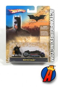 Batman Begins die-cast Batcycle with Batman figure from Hot Wheels.