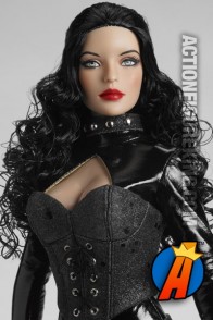 Detailed view of this Tonner Selina Kyle as Catwoman dressed figure.