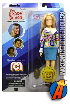 A packaged sample of this TARGET EXCLUSIVE Brady Bunch Marcia Brady action figure from MEGO.
