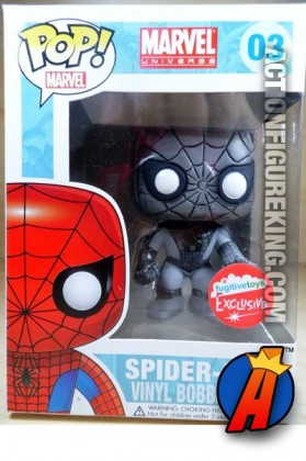 Funko Pop! Marvel! Exclusive black and white variant Spider-Man bobblehead figure.