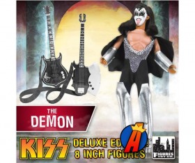 A packaged sample of this fully articulated 8-inch KISS The Demon Deluxe variant action figure with removable cloth uniform.