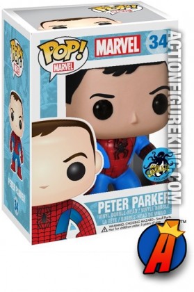A packaged sample of this Funko Pop! Marvel Peter Parker vinyl bobblehead figure.