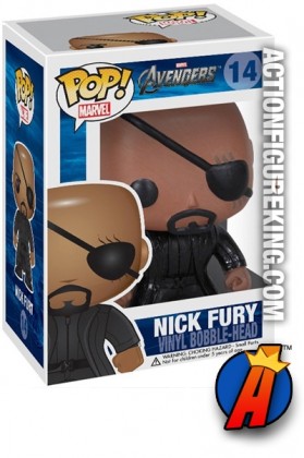 A pacakged sample of this Funko Pop! Marvel Avengers Nick Fury bobblehead figure.