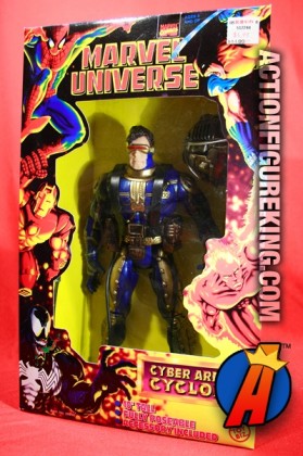 Marvel-Universe-10-inch Cyber Armor Cyclops is a mash-up of a Cyclops head on an Iron Man body with a Weapon X harness and helmet.